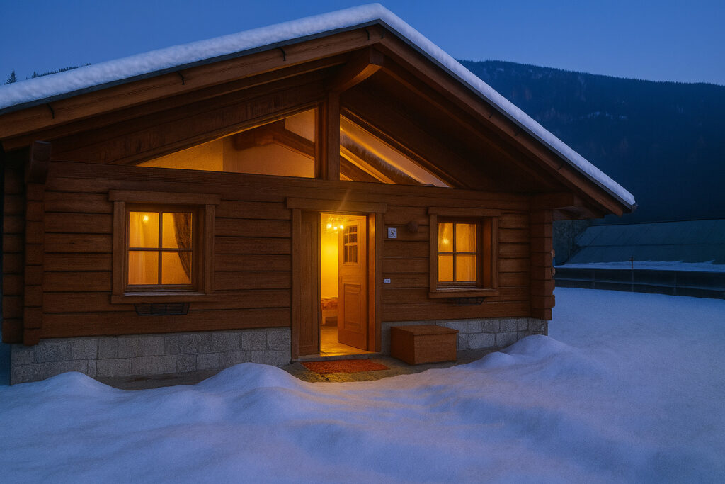 Vista panoramica chalet con neve